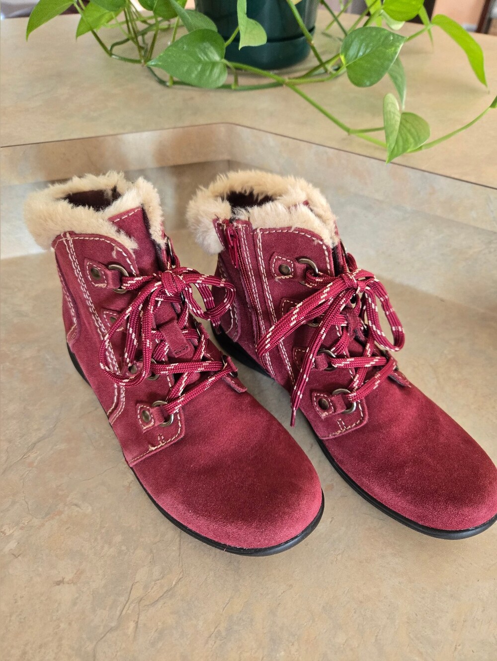 🥾 EARTH ORIGINS *Like New* Burgundy Suede Leather Zip & Lace Walking Boots 9.5M